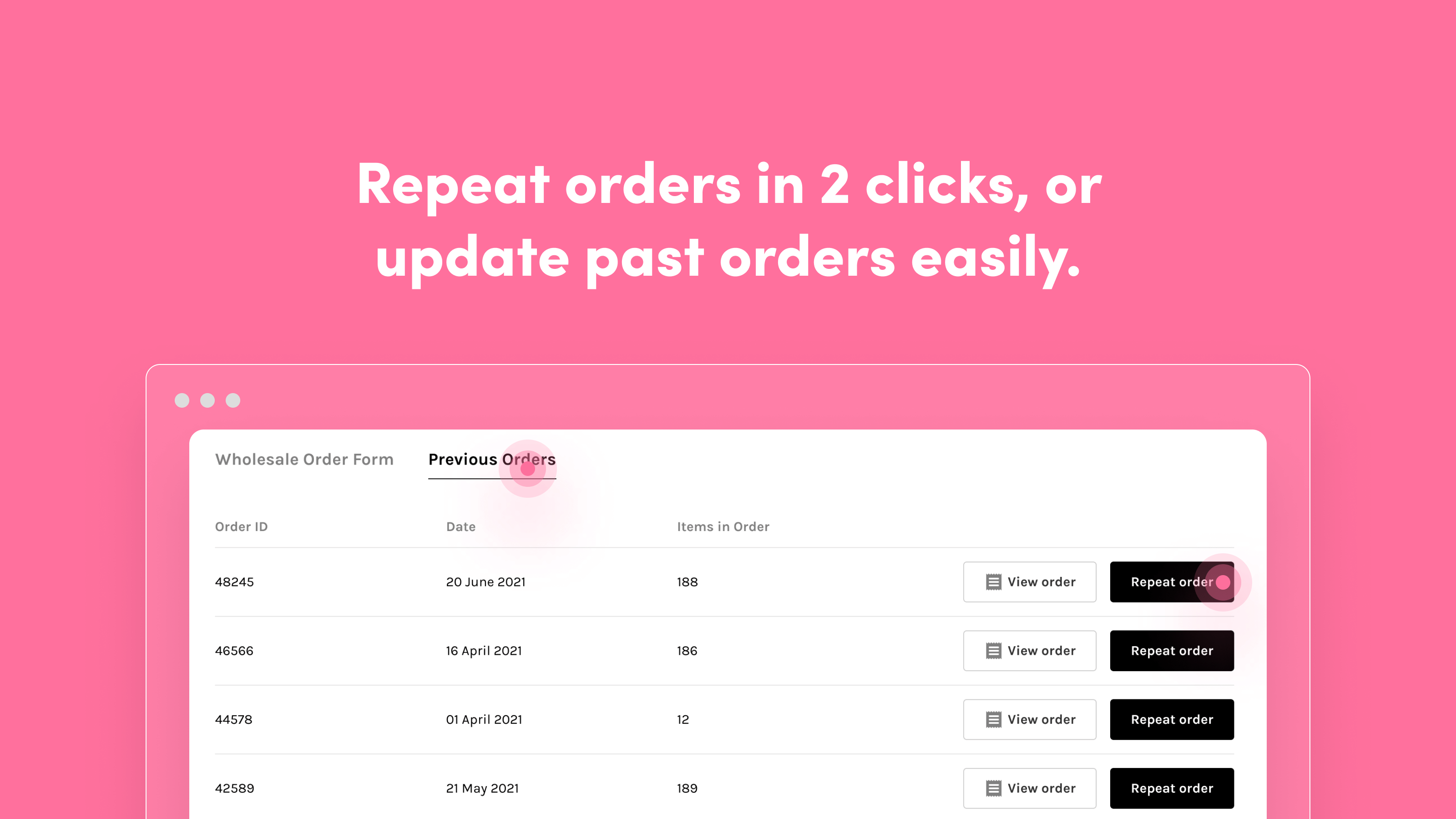 Wholesale order form app for Shopify. Repeat orders in 2 clicks.