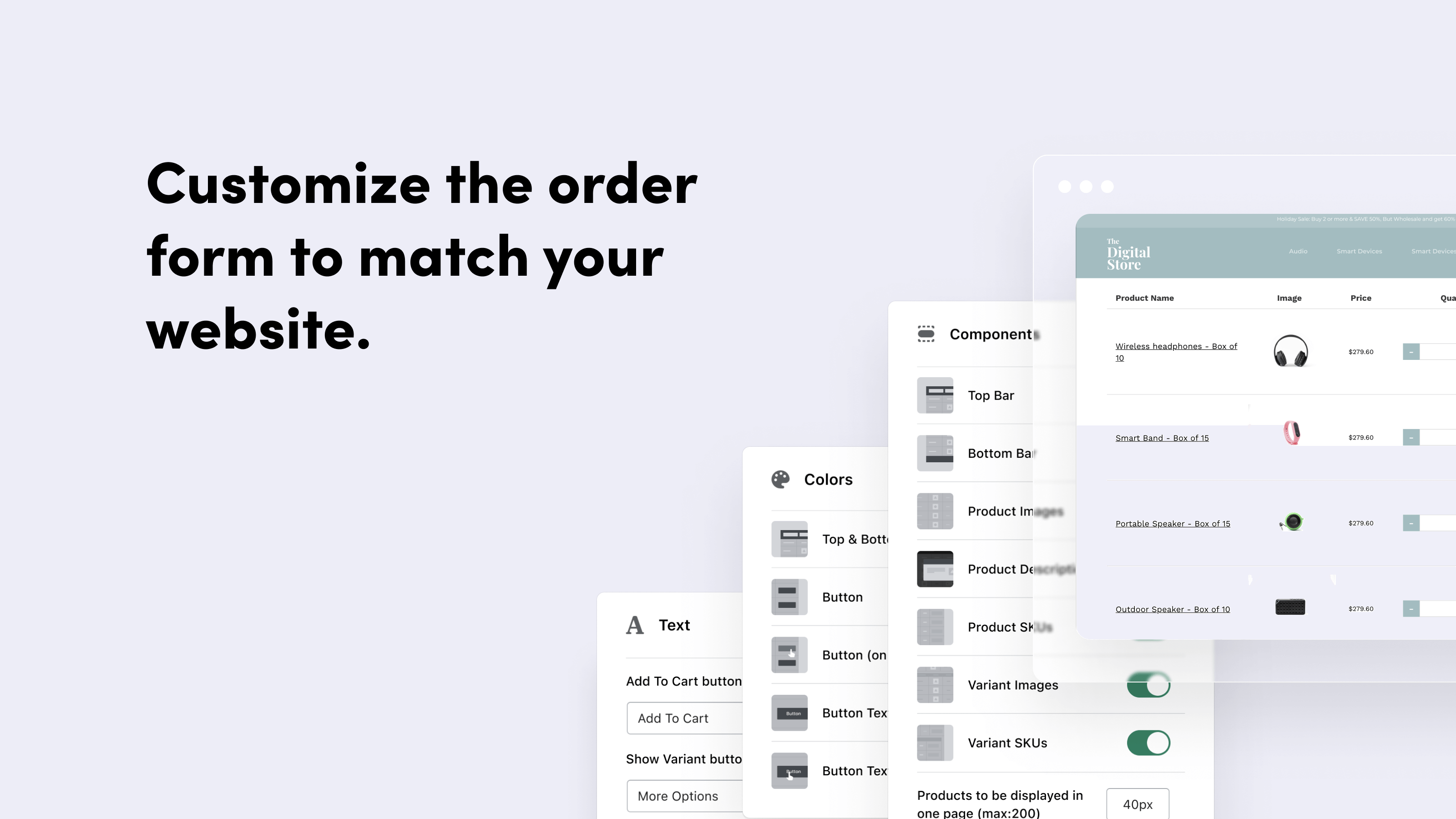 Wholesale order form app for Shopify. Customise to match your store.